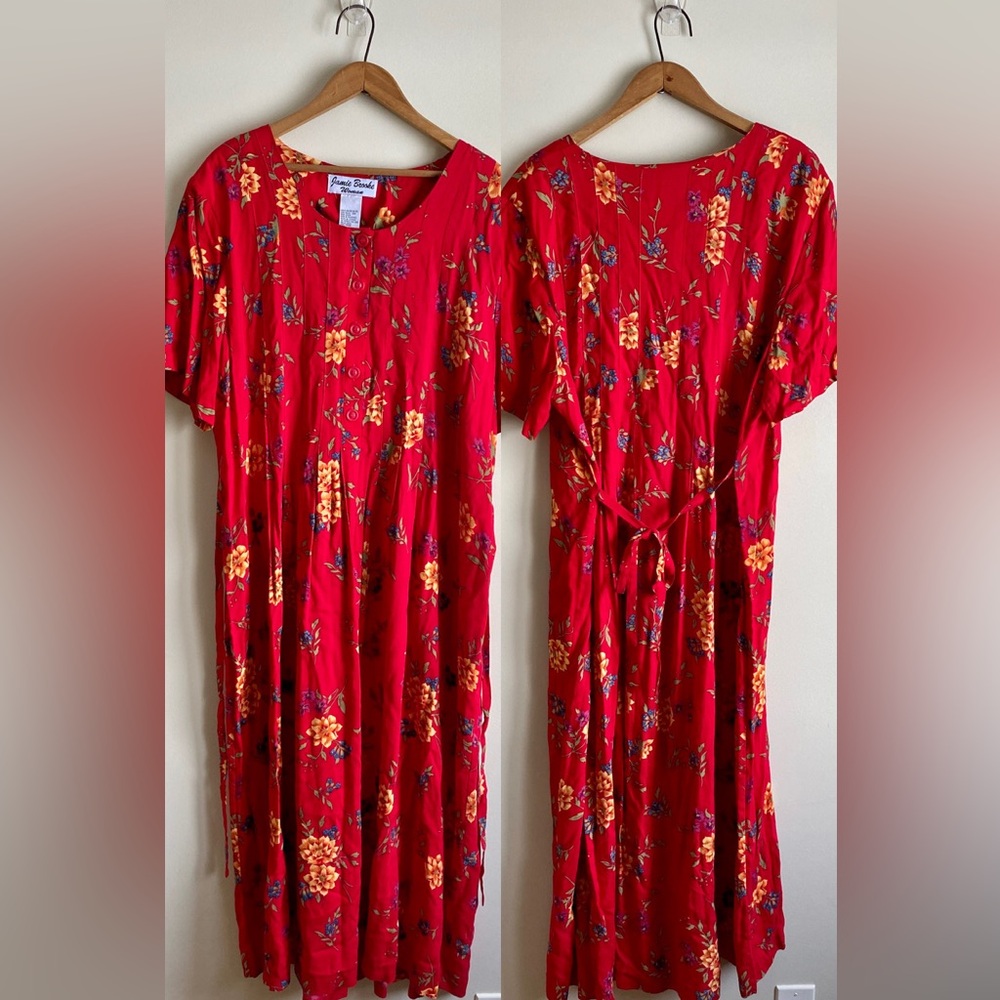 Vintage Jamie Brooke 90s Floral Maxi Dress Tie-Back Button Down 20W